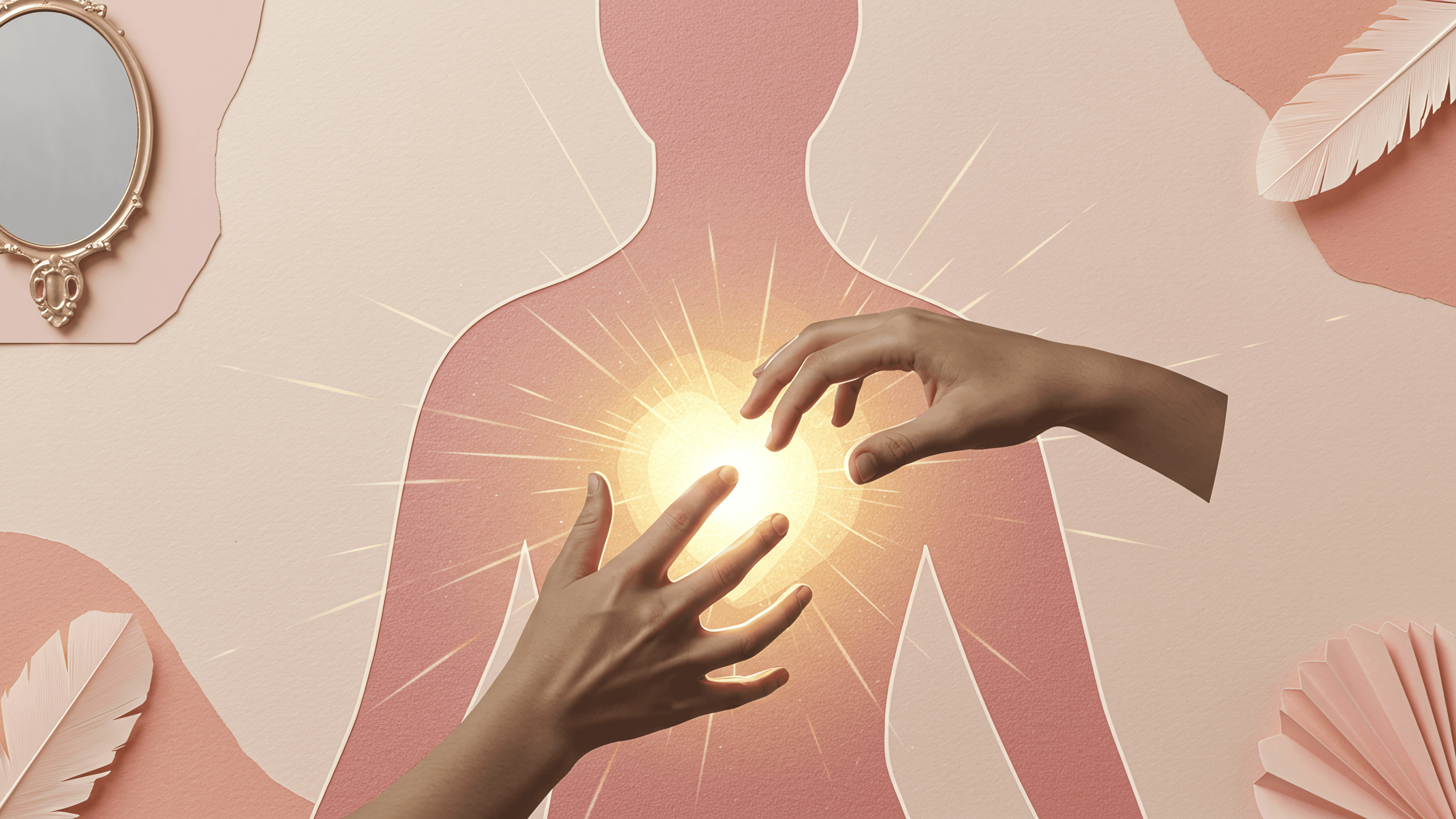 A circle of people sitting cross-legged, meditating with hands in a prayer position. Soft, warm lighting.