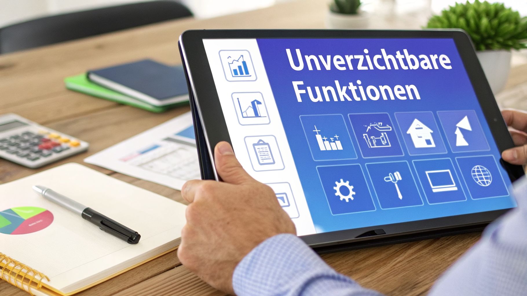 Person hält ein Tablet mit der Aufschrift 'Unverzichtbare Funktionen' und Icons für Immobilienmanagement auf einem Schreibtisch.