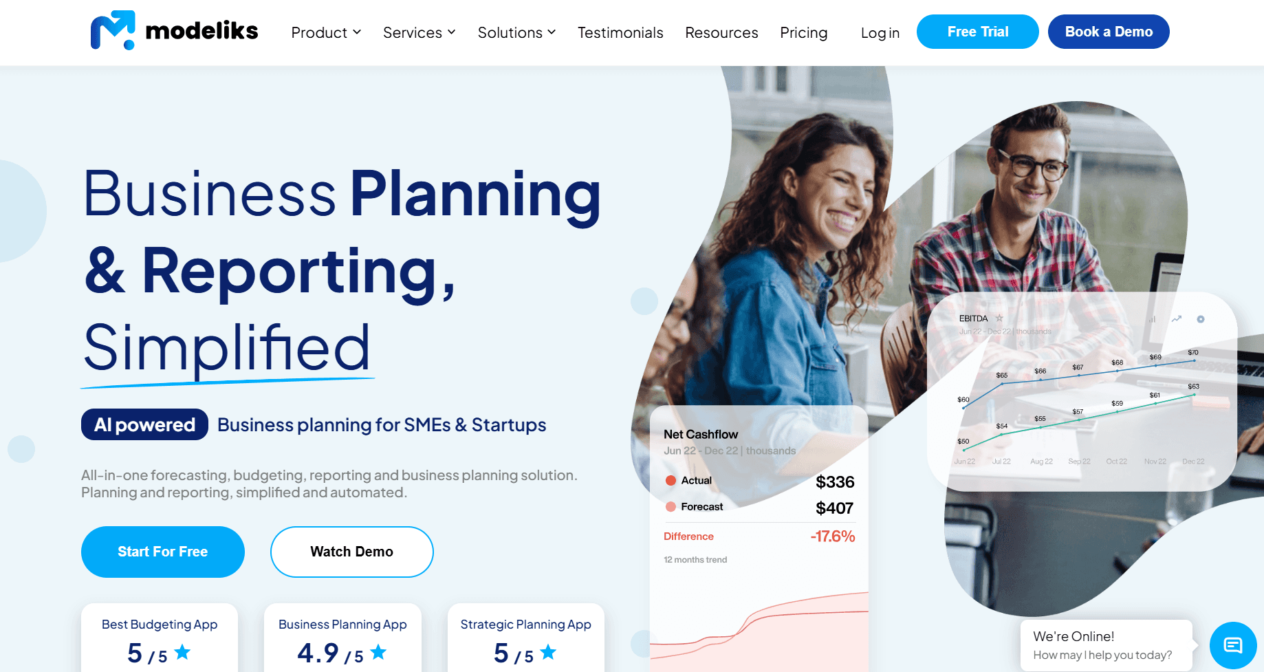 Homepage screenshot of Modeliks featuring the headline “Business Planning & Reporting, Simplified,” with AI-powered planning tools, call-to-action buttons, and financial dashboard previews.