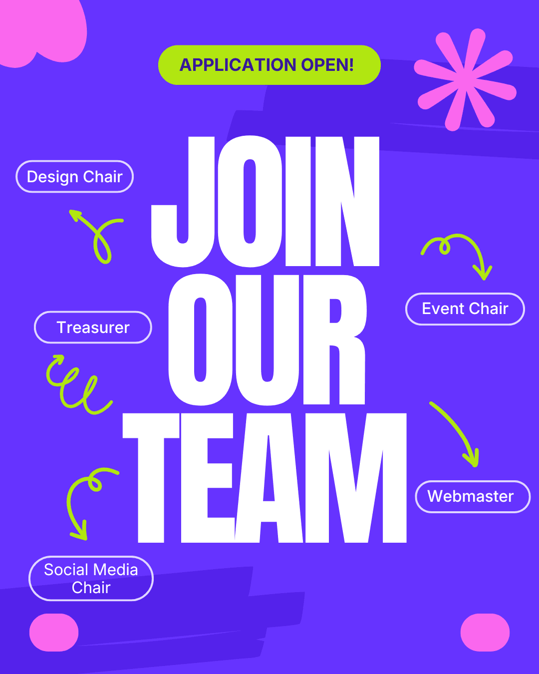 Define the Vibe Workshop Infographic recruiting design chair, treasurer, social media chair, event chair, and webmaster