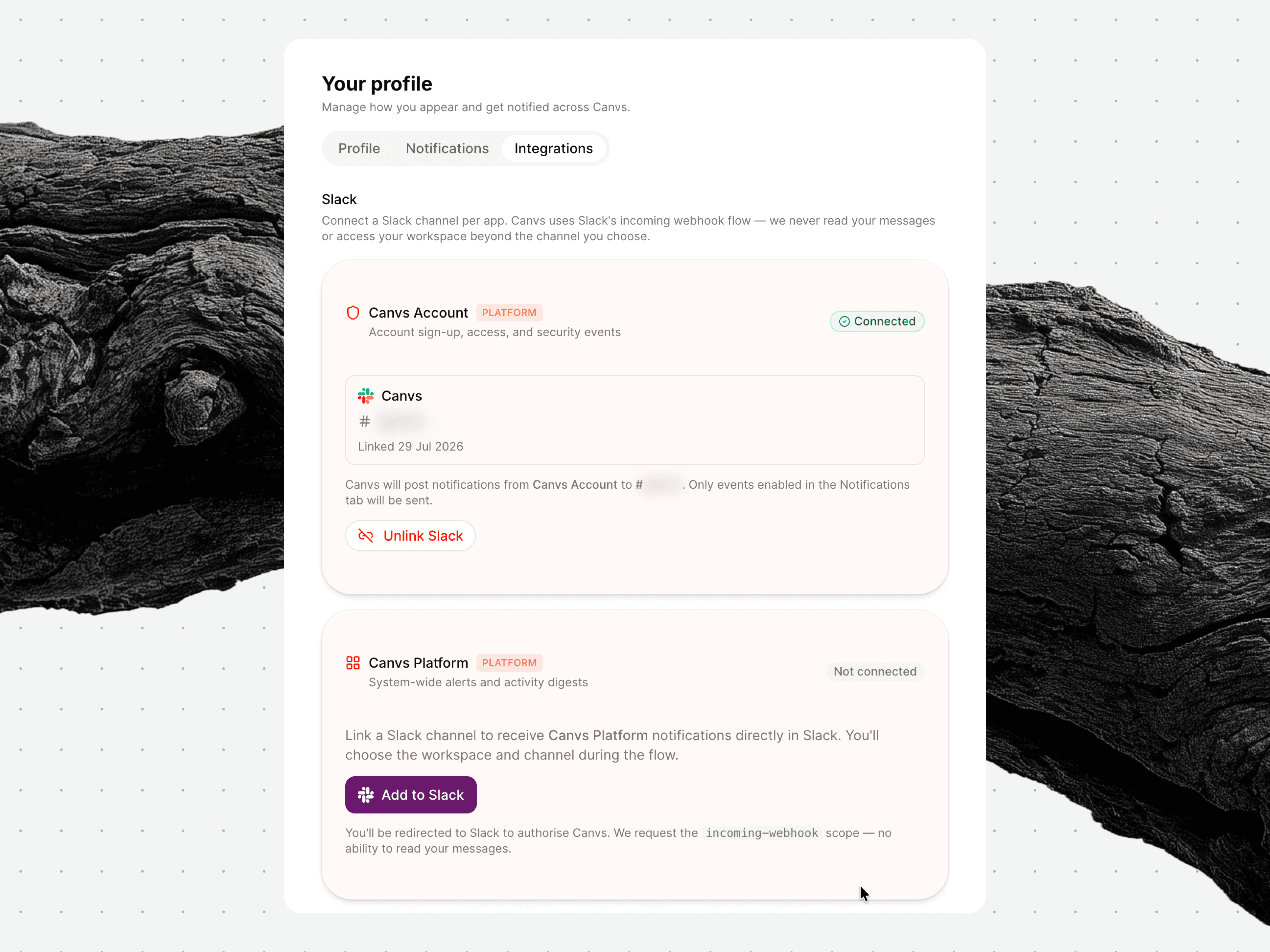Each app links a Slack channel through an incoming-webhook scope, so Canvs posts its own notifications without any ability to read the workspace.