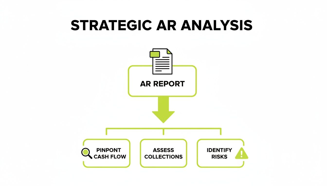 Flowchart for Strategic AR Analysis, showing an AR Report leading to cash flow, collections, and risk assessment.