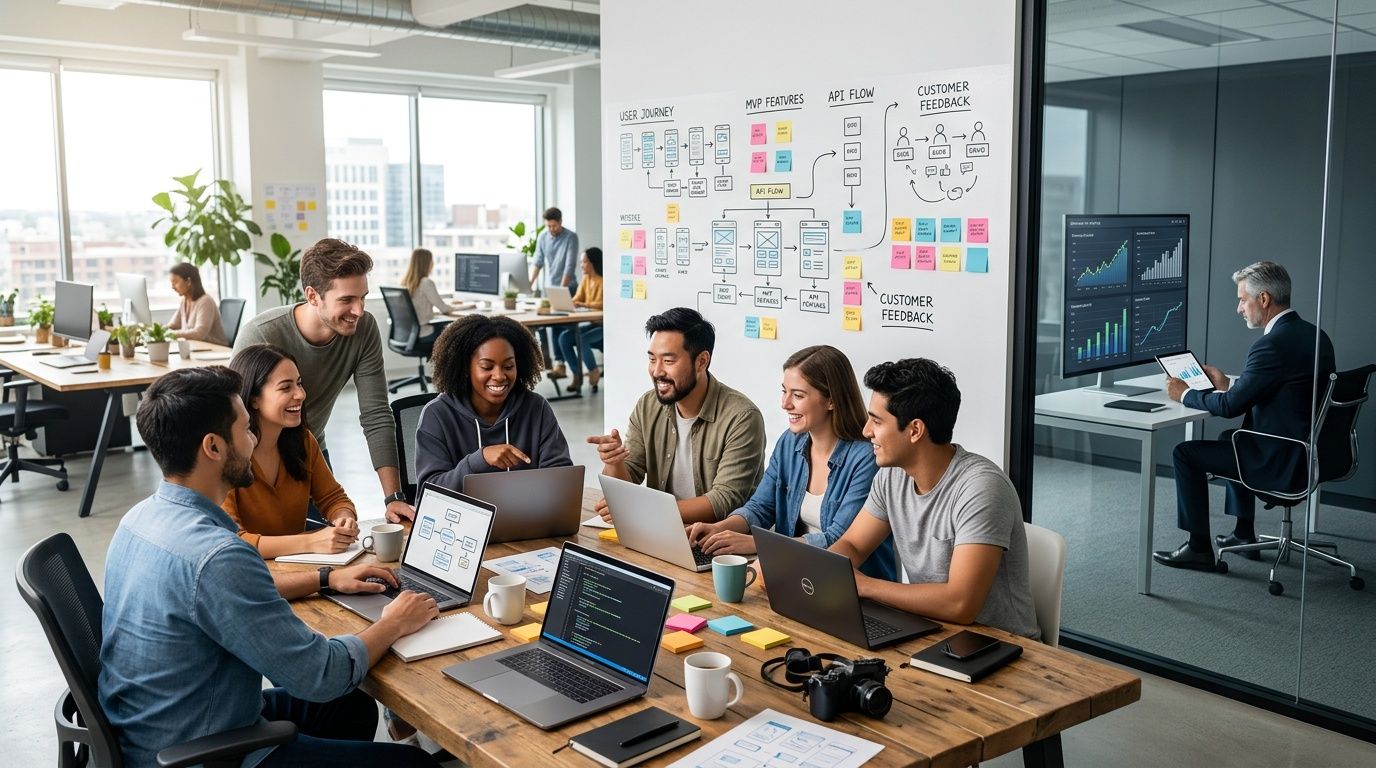 A diverse team of professionals collaborating on a software project in a modern, bright office environment.