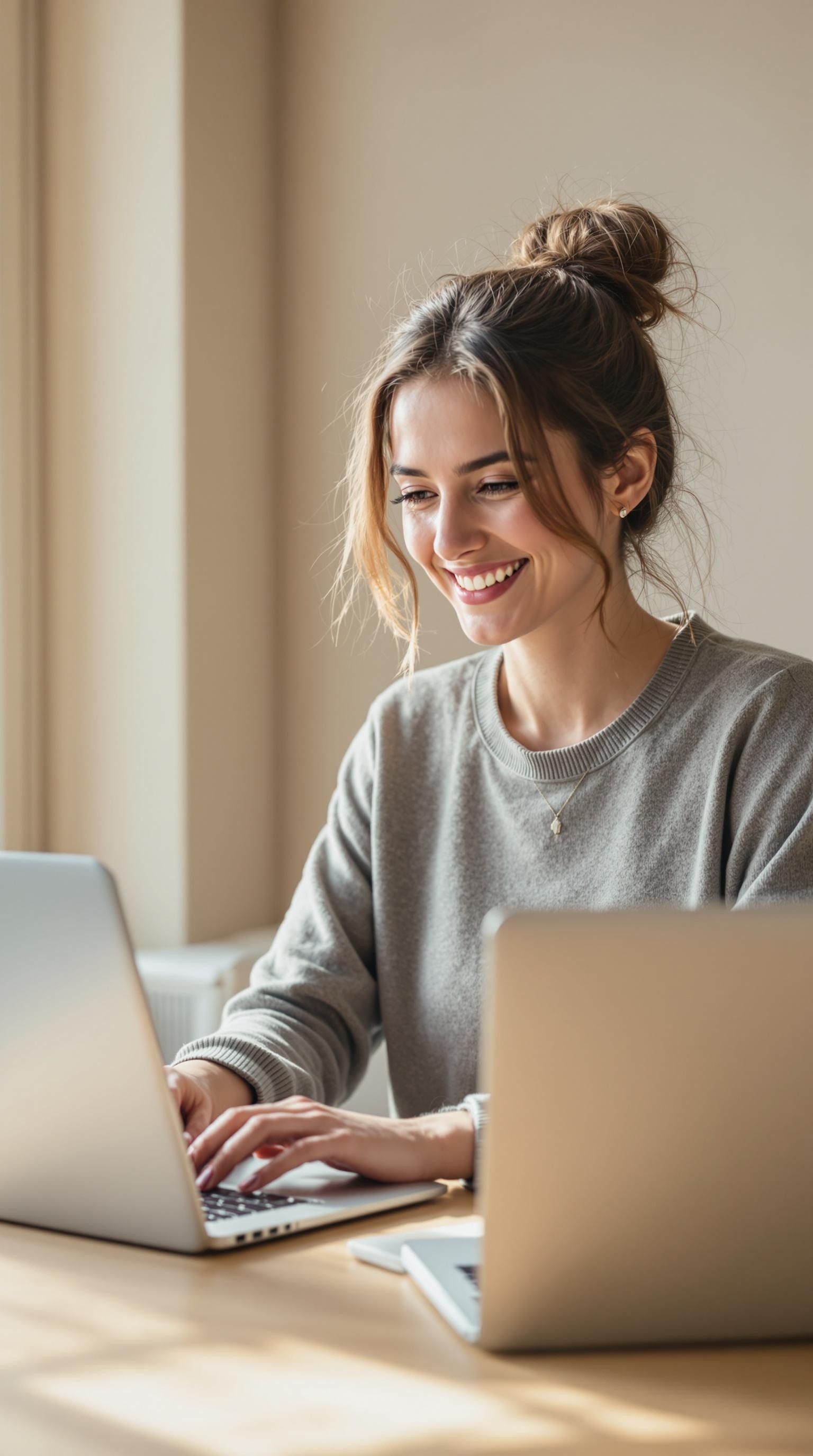 Eine glückliche Frau arbeitet an einem Laptop
