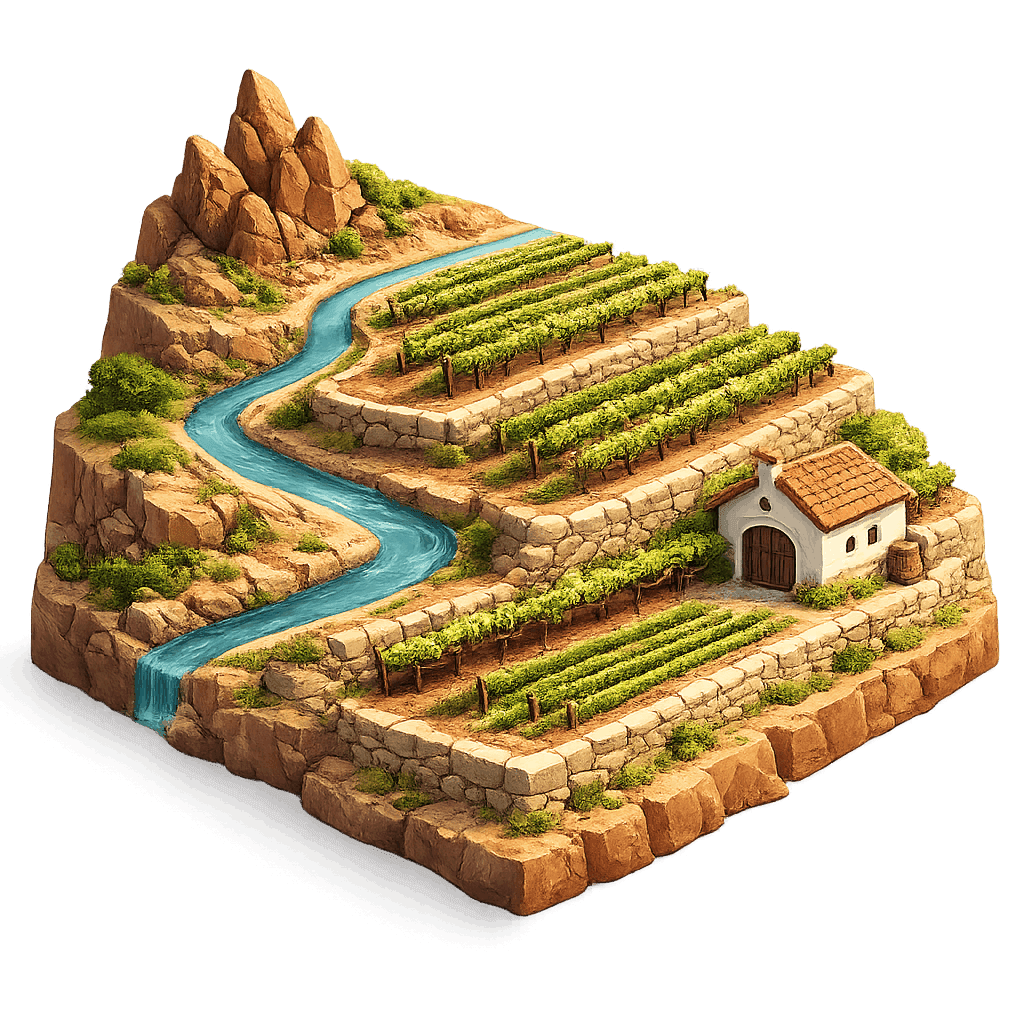 Artistic illustration of the Kamptal wine region.