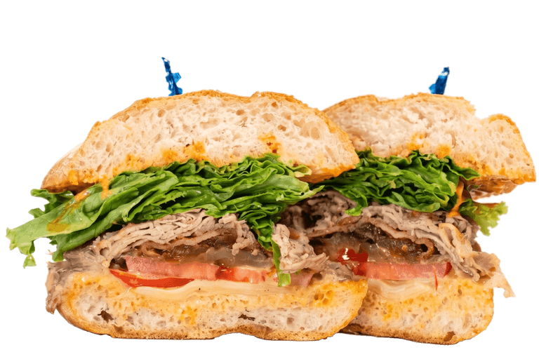 Roast Pork sandwich with house-roasted pork, lettuce and tomato on a ciabatta roll