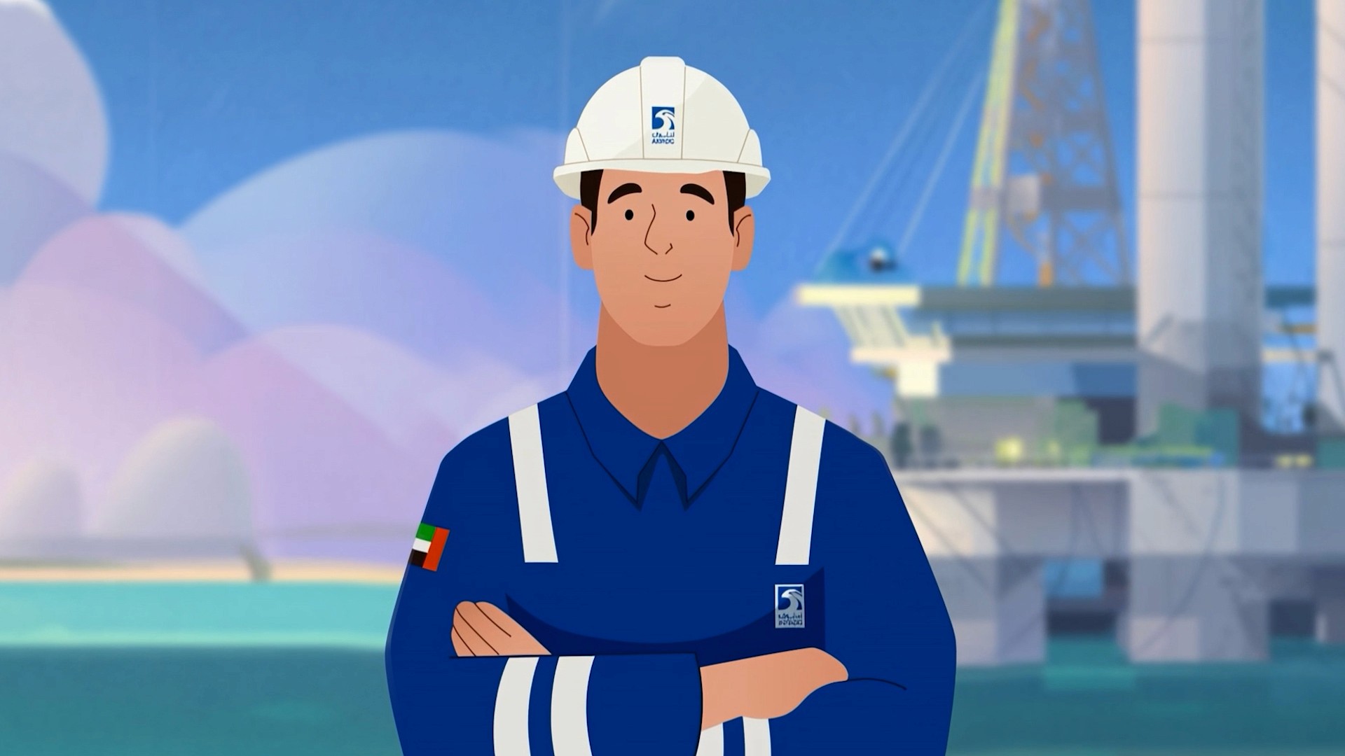 Illustrated worker in safety uniform standing in front of an industrial facility near the water