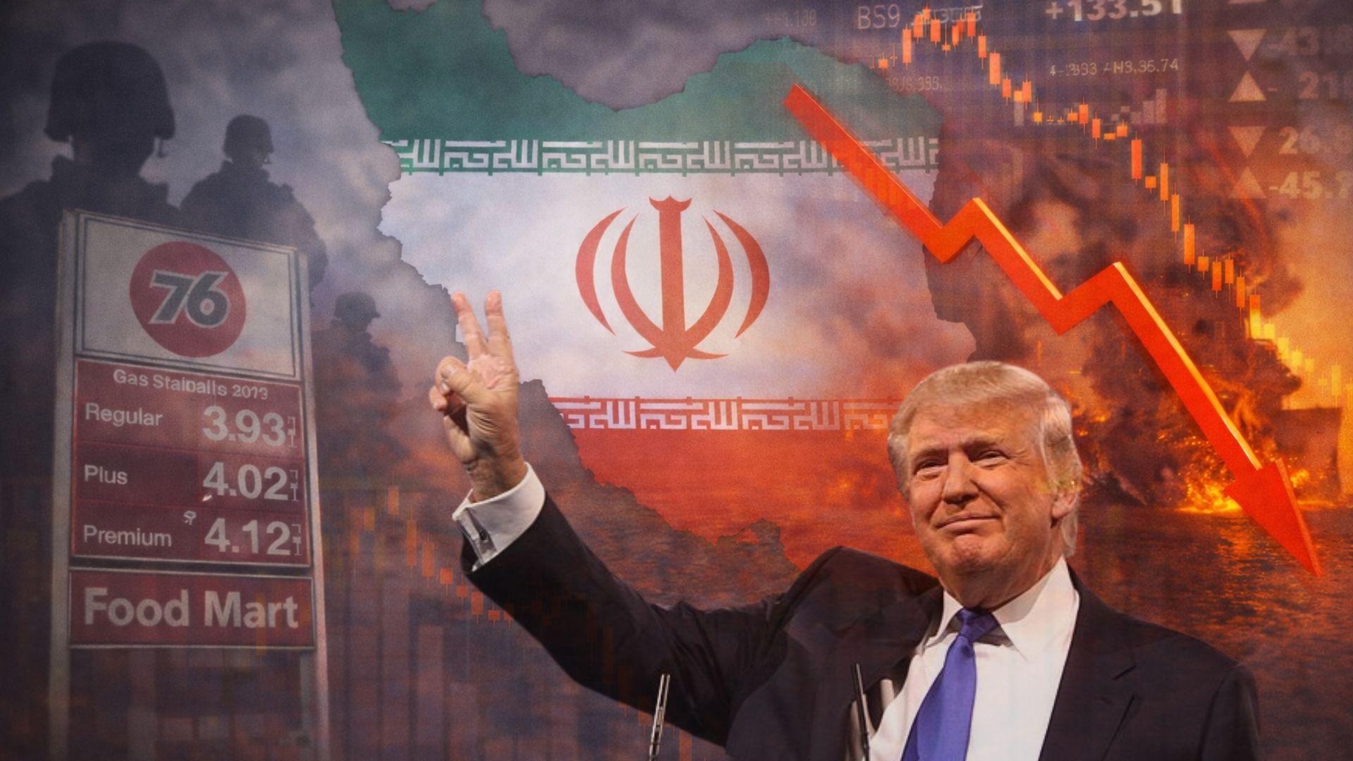 Collage mit Donald Trump vor der iranischen Flagge, Soldaten, fallendem Kurspfeil und Spritpreisen von 3,93 bis 4,12 $ pro Gallone