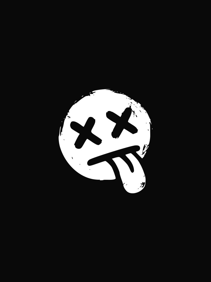White distressed smiley face logo (X eyes, tongue out) centred on a solid black background, showing rough, hand-painted edges.