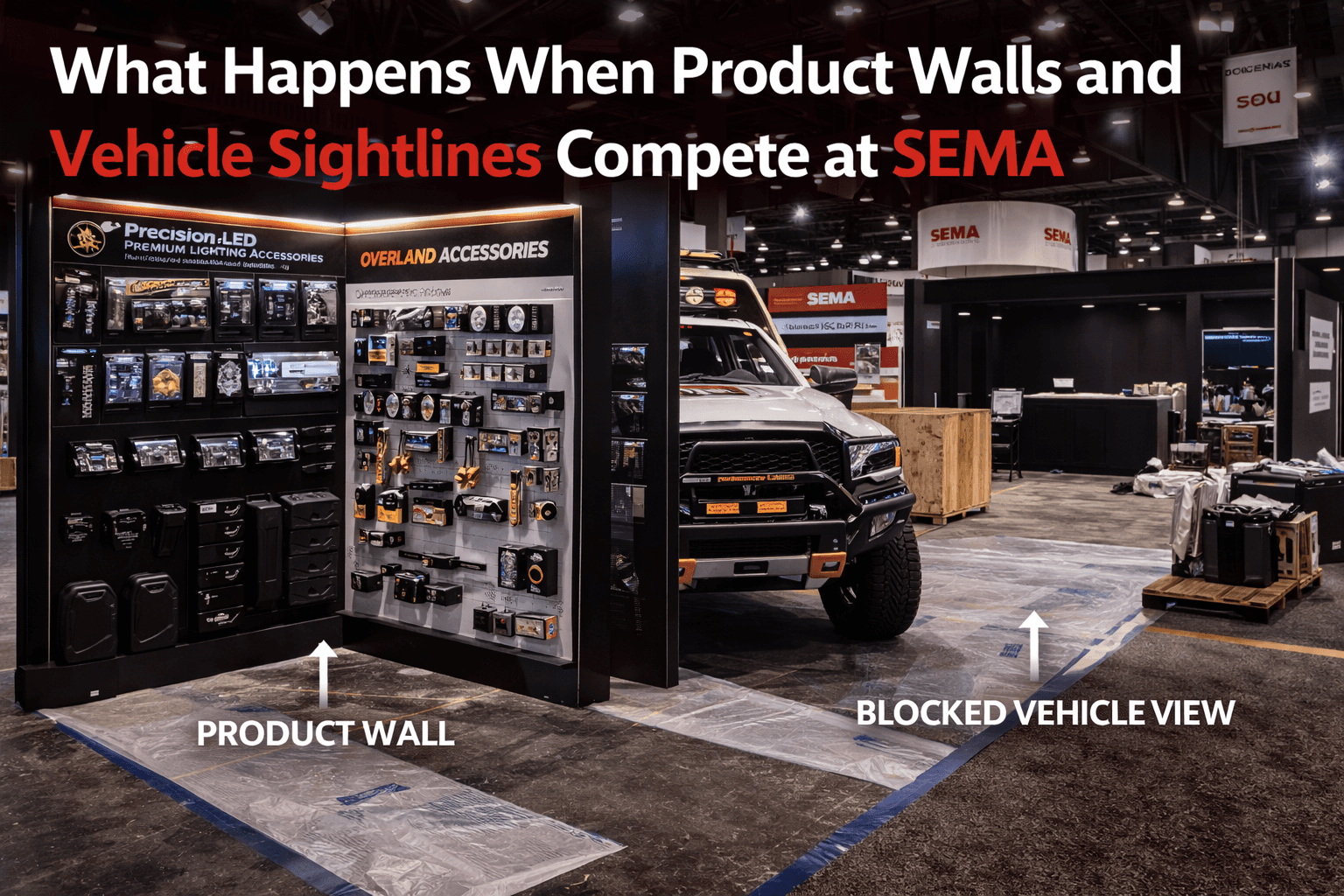 SEMA booth in Las Vegas with a product display wall blocking the front view of a display vehicle, showing poor sightline hierarchy between product and vehicle zones