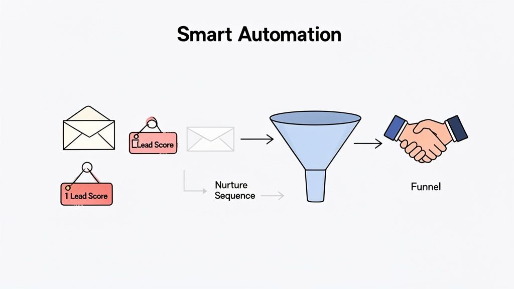 Diagram illustrating smart automation for lead generation, showing email, lead scoring, nurture sequence, and conversion funnel.