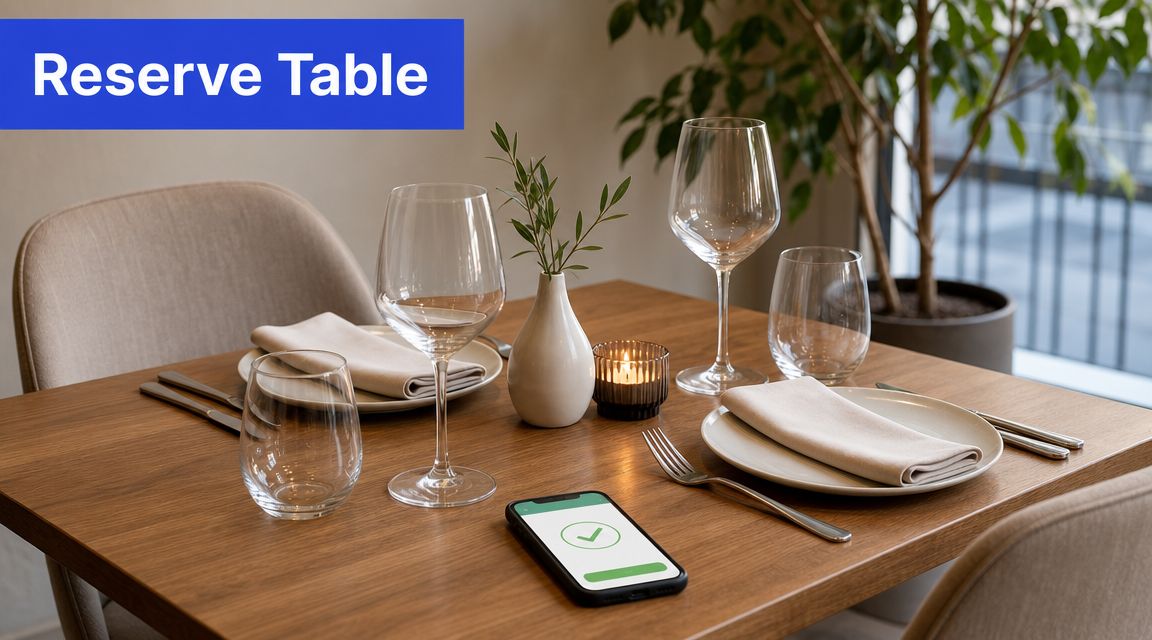 A sophisticated table setting at a restaurant featuring a mobile phone confirming a successful table reservation.