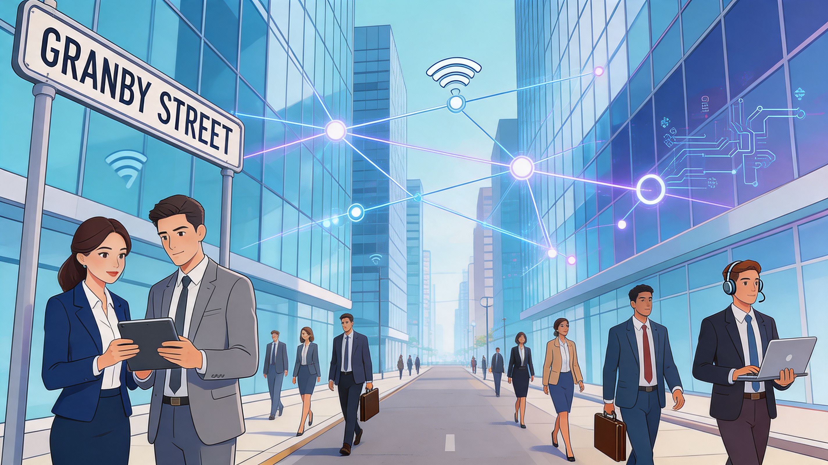 Business professionals walking on Granby Street surrounded by digital connectivity and virtual network communication symbols.