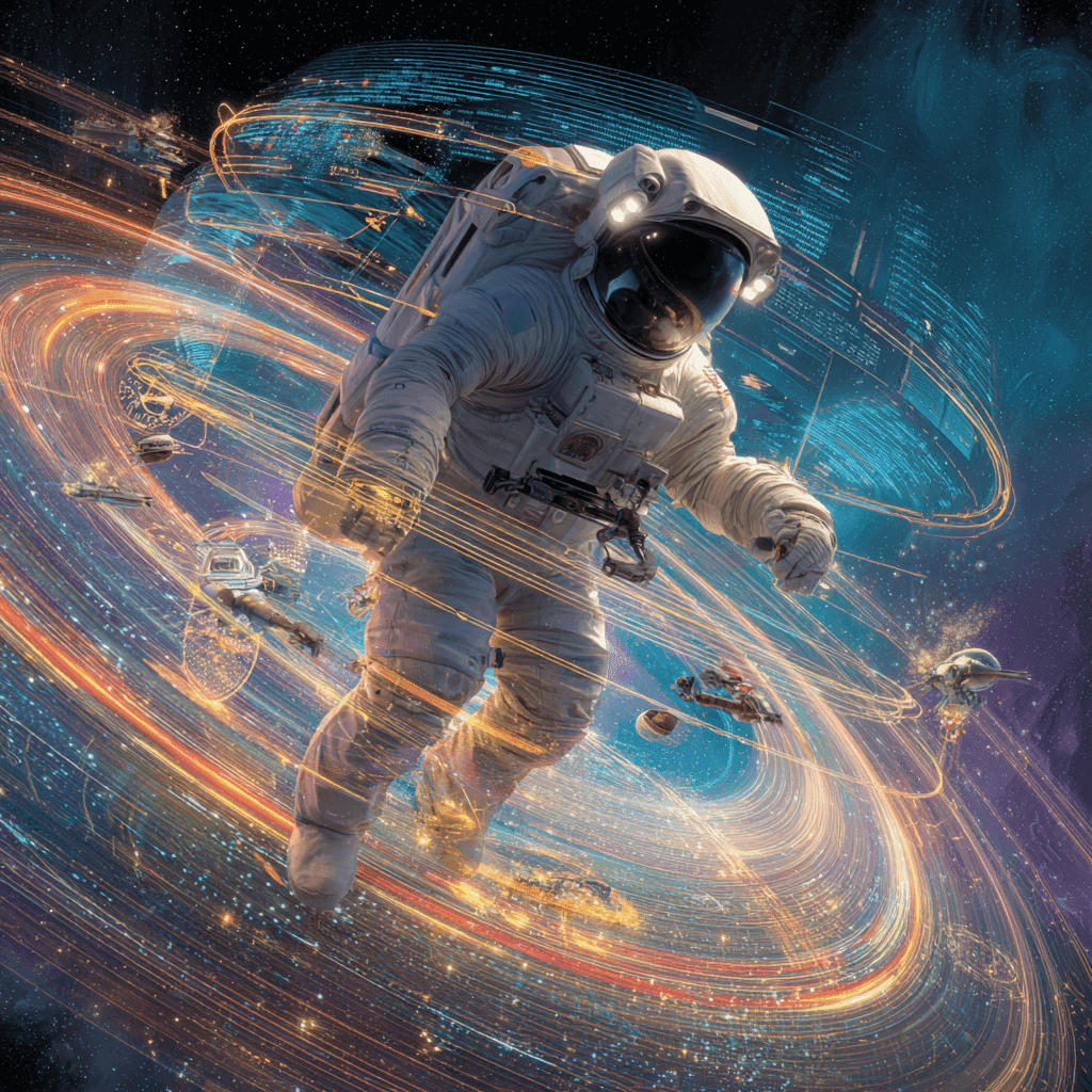 An awe-inspiring, hyper-realistic conceptual art piece set in deep space. A lone astronaut-consultant floats in zero gravity, tethered to a sleek, semi-transparent satellite workstation orbiting a glowing planet made of data streams and digital funnels. The satellite interface glows with holographic LinkedIn profile elements and animated sales funnel diagrams spiraling like galaxies. Around him, smaller data drones and glowing message satellites orbit--representing inbound leads and profile visits. The background is filled with celestial detail: nebulas shaped like magnetic fields, distant stars forming constellation-like connections, vibrant auroras wrapping around the planet like trust signals. The astronaut’s helmet reflects both the vast unknown and calculated precision. At first glance, the image feels cinematic and epic; on closer inspection, every element reveals intentional metaphor: client attraction, strategic structure, and thought leadership orbiting a powerful gravitational brand presence. no text, no cartoon, no exaggerated anatomy