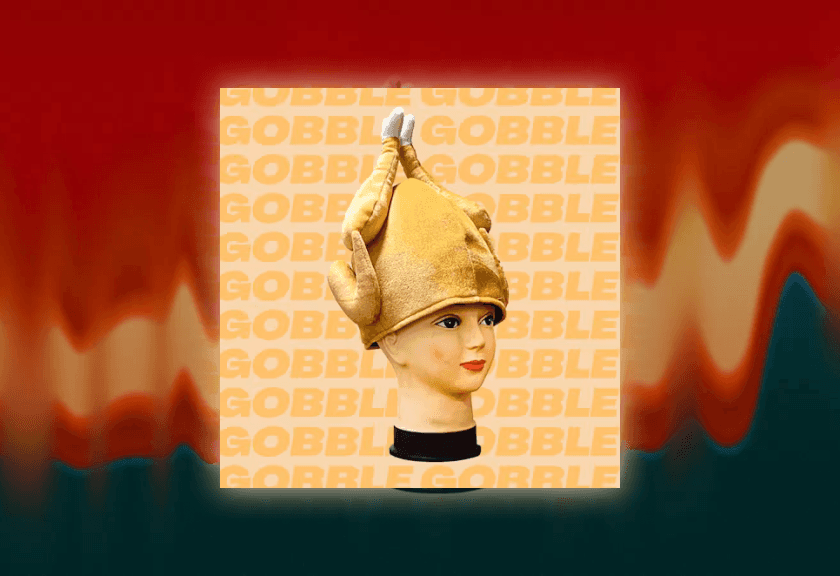 Funny vintage-style photo of a woman in a turkey hat with “Gobble” background pattern.