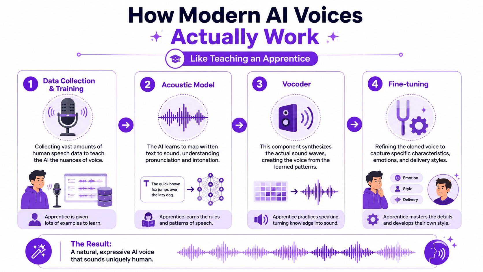 A four-step infographic explaining how modern AI voice cloning technology works using an apprentice learning metaphor.
