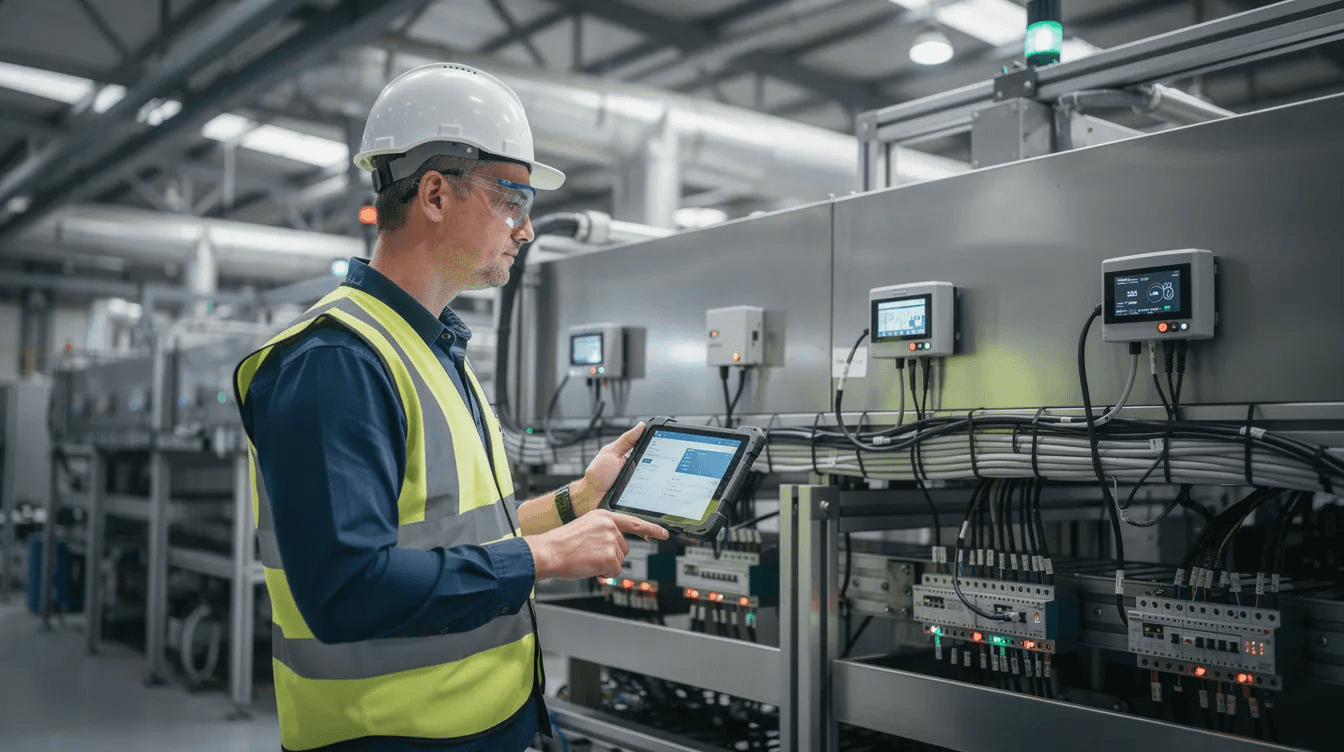 A technician is inspecting industrial equipment equipped with sensors, utilizing predictive maintenance tools to analyze real-time data. This proactive approach aims to identify potential equipment failures and improve operational efficiency by continuously monitoring the asset's performance.