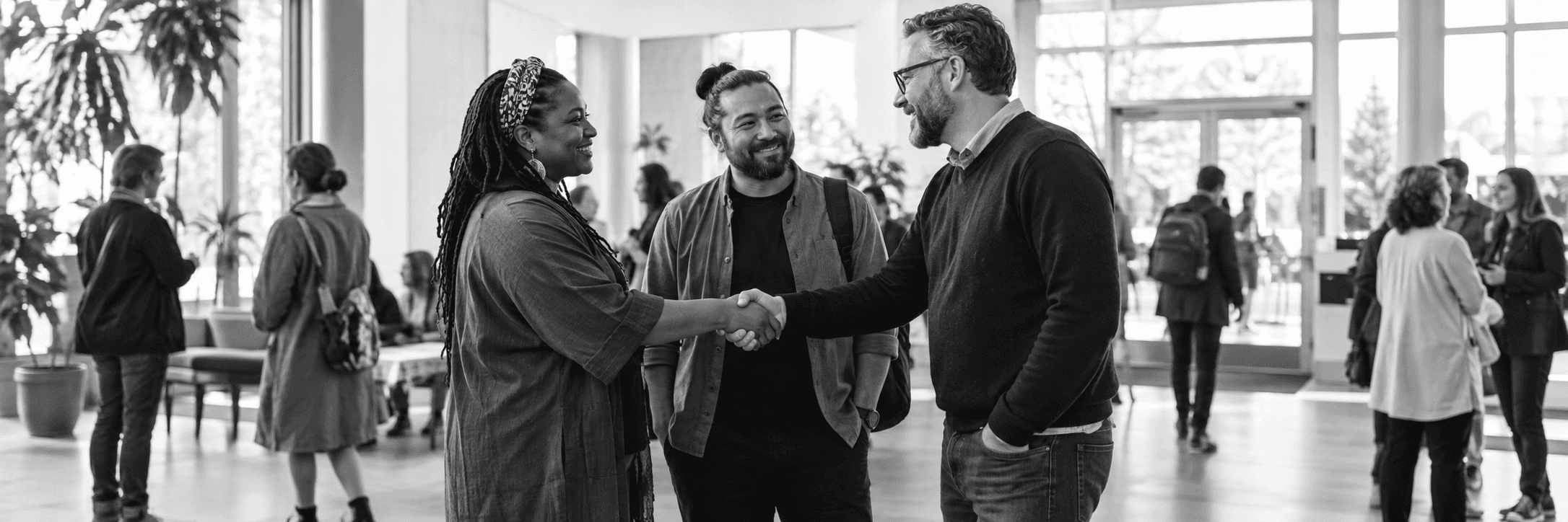 Three people standing and greeting one another at a community event