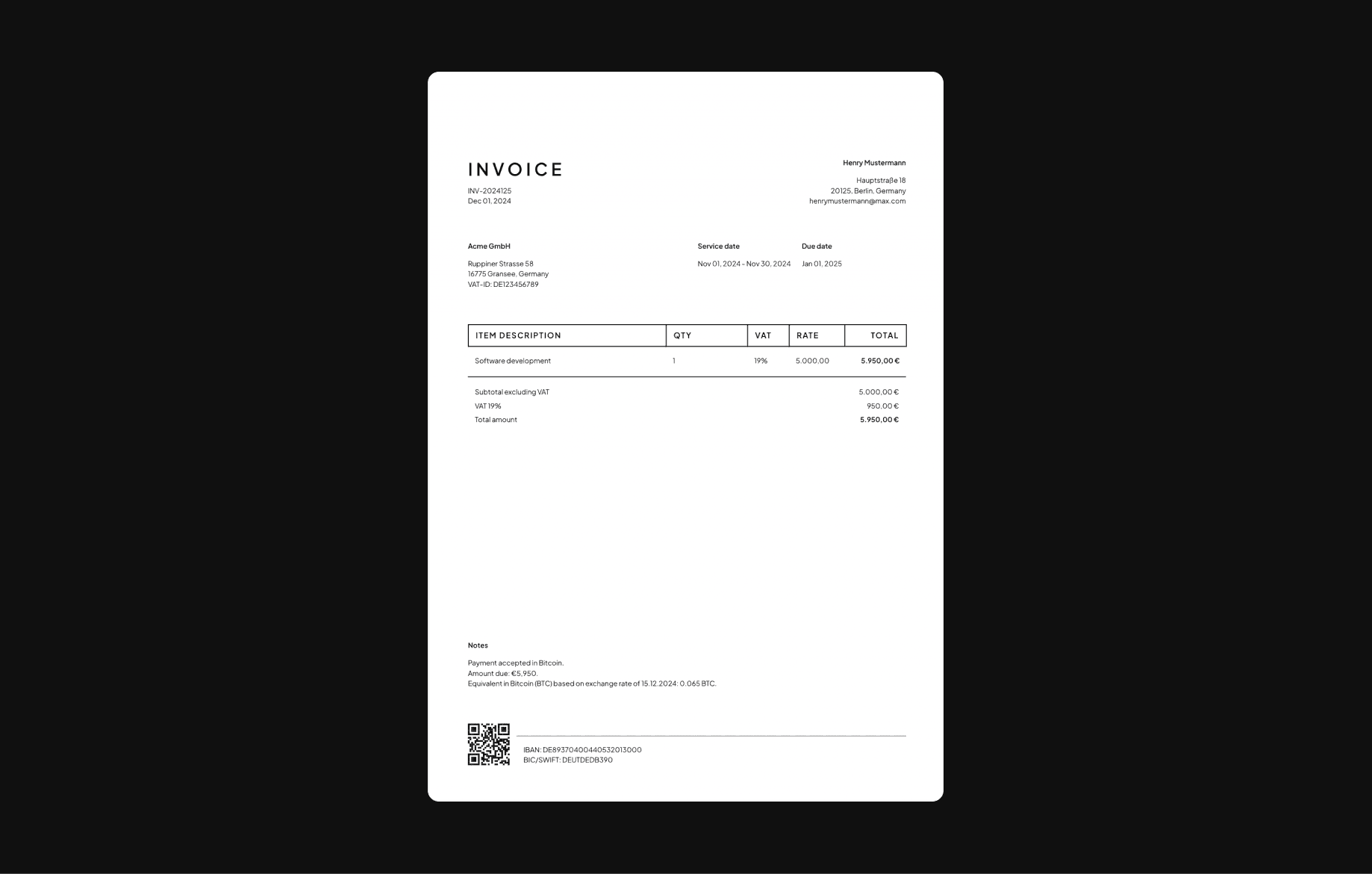 Invoice example for cryptocurrency payments in Germany