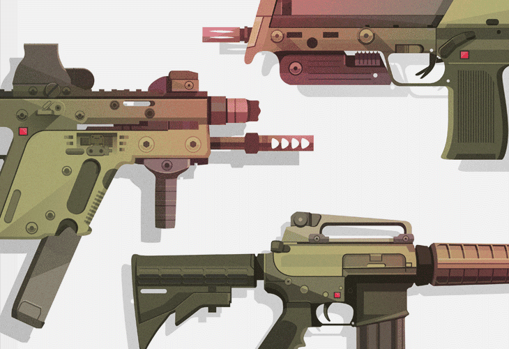 Three firearms are displayed against a white background. The top left firearm is olive green with tan accents and a scope. The top right firearm is tan with maroon accents and a barrel. The bottom firearm is olive green with tan accents and a suppressor. All firearms have detailed mechanical components visible.