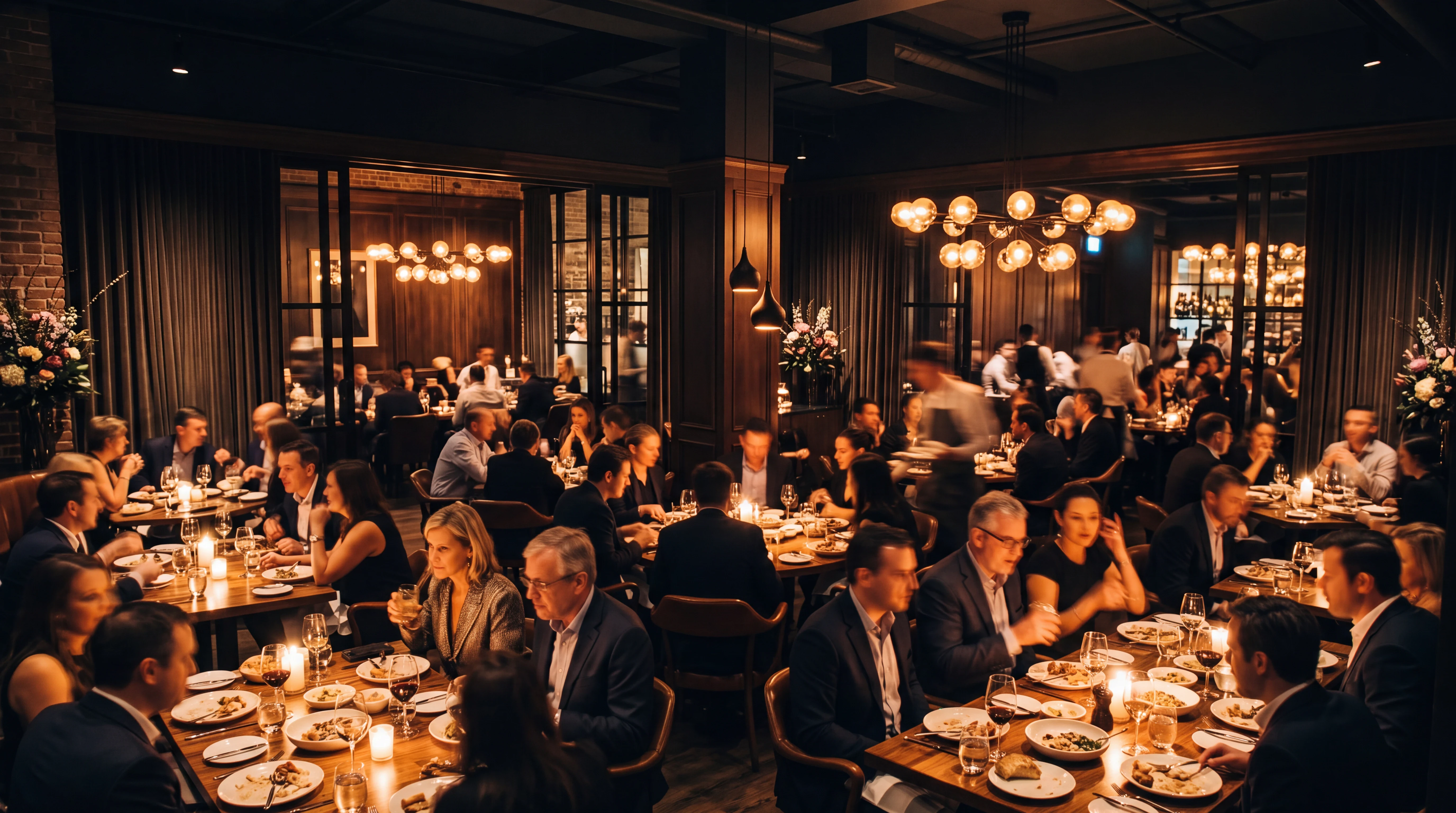 A full restaurant dining room at night, with guests at candlelit tables under glowing globe chandeliers