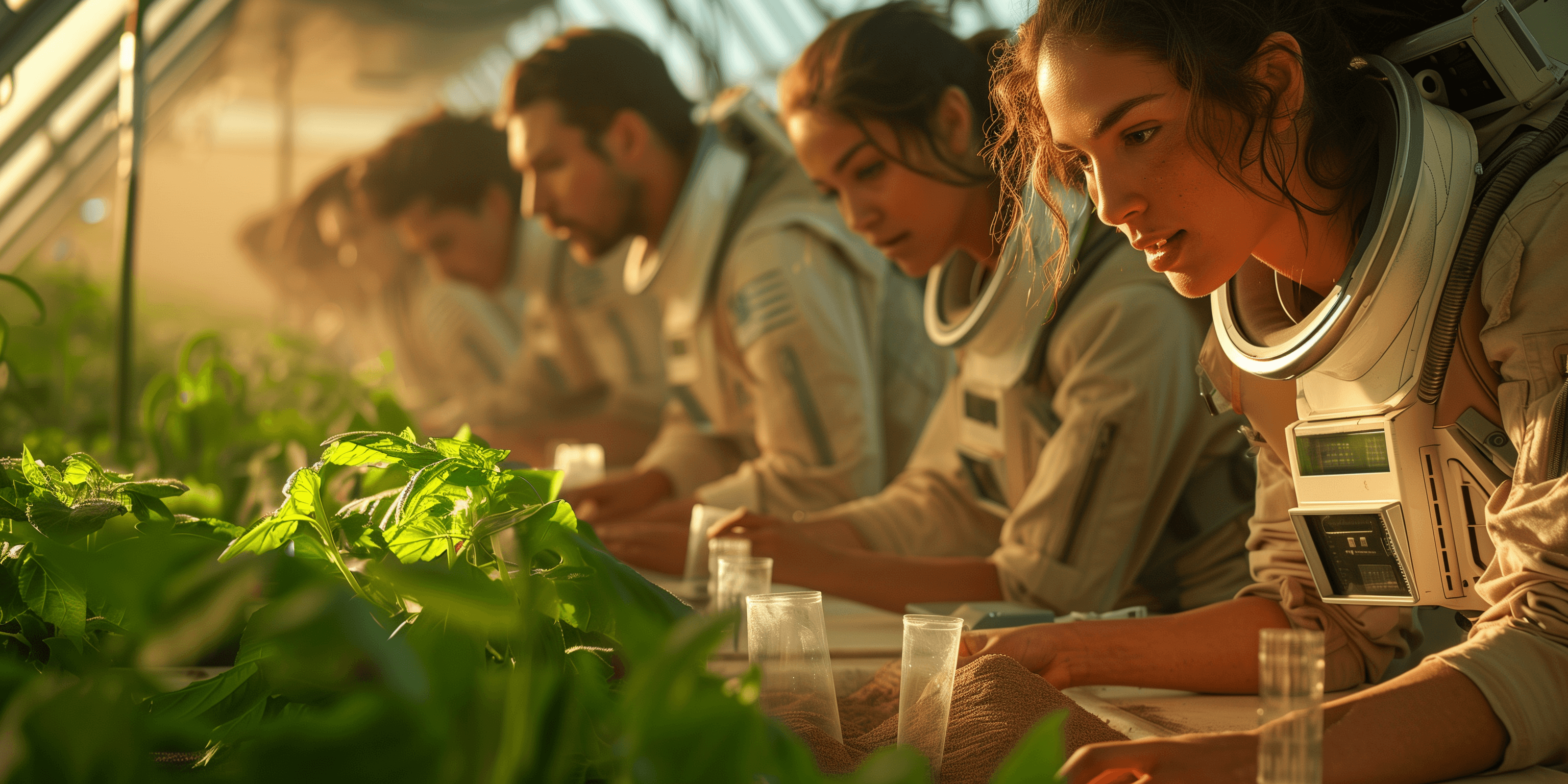 A group of futuristically dressed people handling test tubes filled with soil on a raised plant bed.