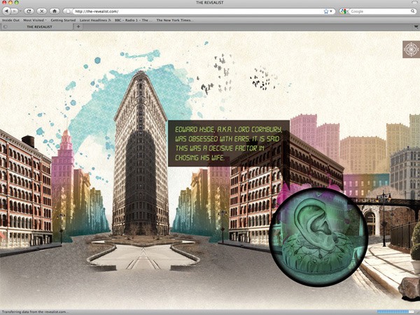 A computer screen displays a stylized cityscape with a tall, narrow building in the center. The street leads toward the building, flanked by shorter buildings on either side. A speech bubble near the center reads: "EDWARD HYDE, A.K.A. LORD CORNBURY, WAS OBSESSED WITH EARS. IT IS SAID THIS WAS A DECISIVE FACTOR IN CHOOSING HIS WIFE." A magnifying glass highlights a close-up of a green, stylized ear icon in the lower right corner. The browser’s address bar shows “http://the-realist.com/”.