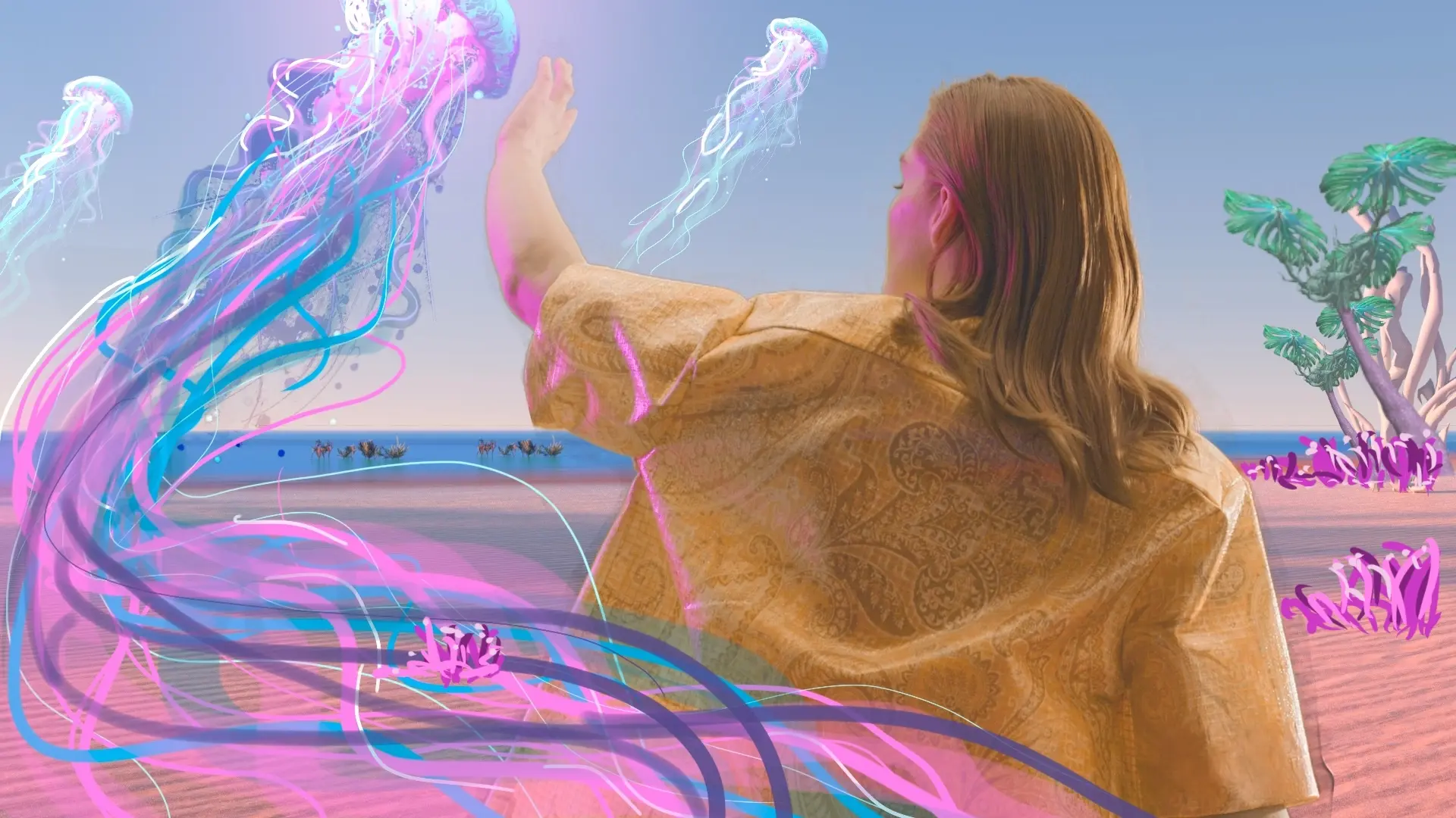 Floating jellyfish drifting across the CGI horizon.