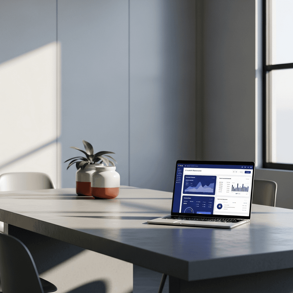 A minimalist office meeting room with a large, polished concrete table. On the table sits a single open laptop displaying a clean HR dashboard interface. Natural light streams in from a large window, creating soft shadows. The color palette is dominated by deep blue (#1F3B5B) and off-white (#F5F2EC), with a small terracotta accent (#E76F51) from a ceramic pot in the background. The upper-left third of the image is a clean, out-of-focus wall, providing ample space for text overlay. Aspect ratio 16:9. Photorealistic, editorial photography.