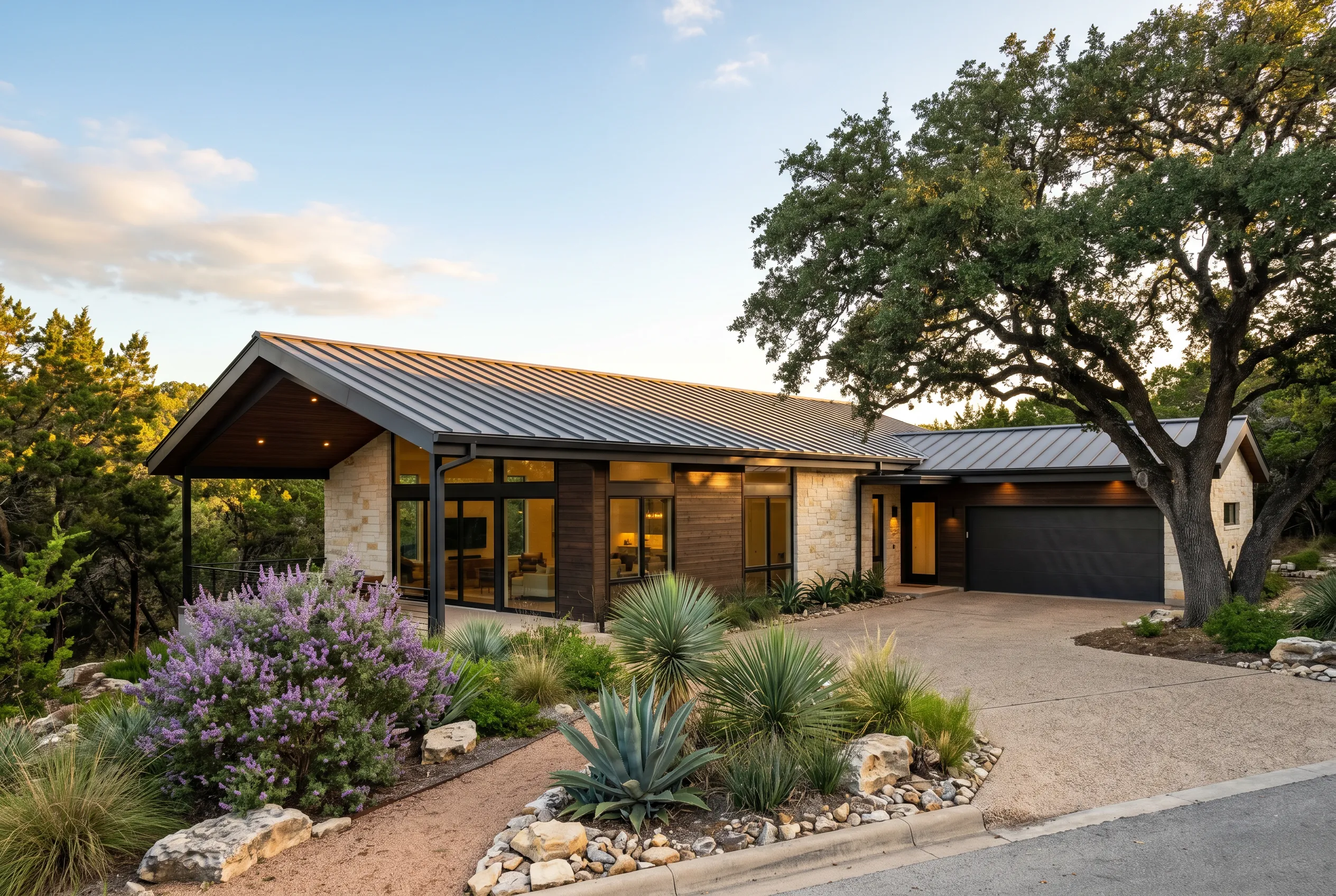 Contemporary single-story house with landscaped garden, stone pathway, and large oak tree at sunset.