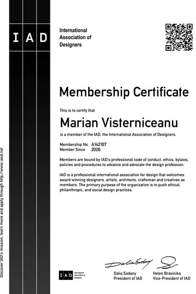 International Association of Designers (IAD) membership certificate, Marian Visterniceanu (Marian Vist), ImPERFECTION DESIGN