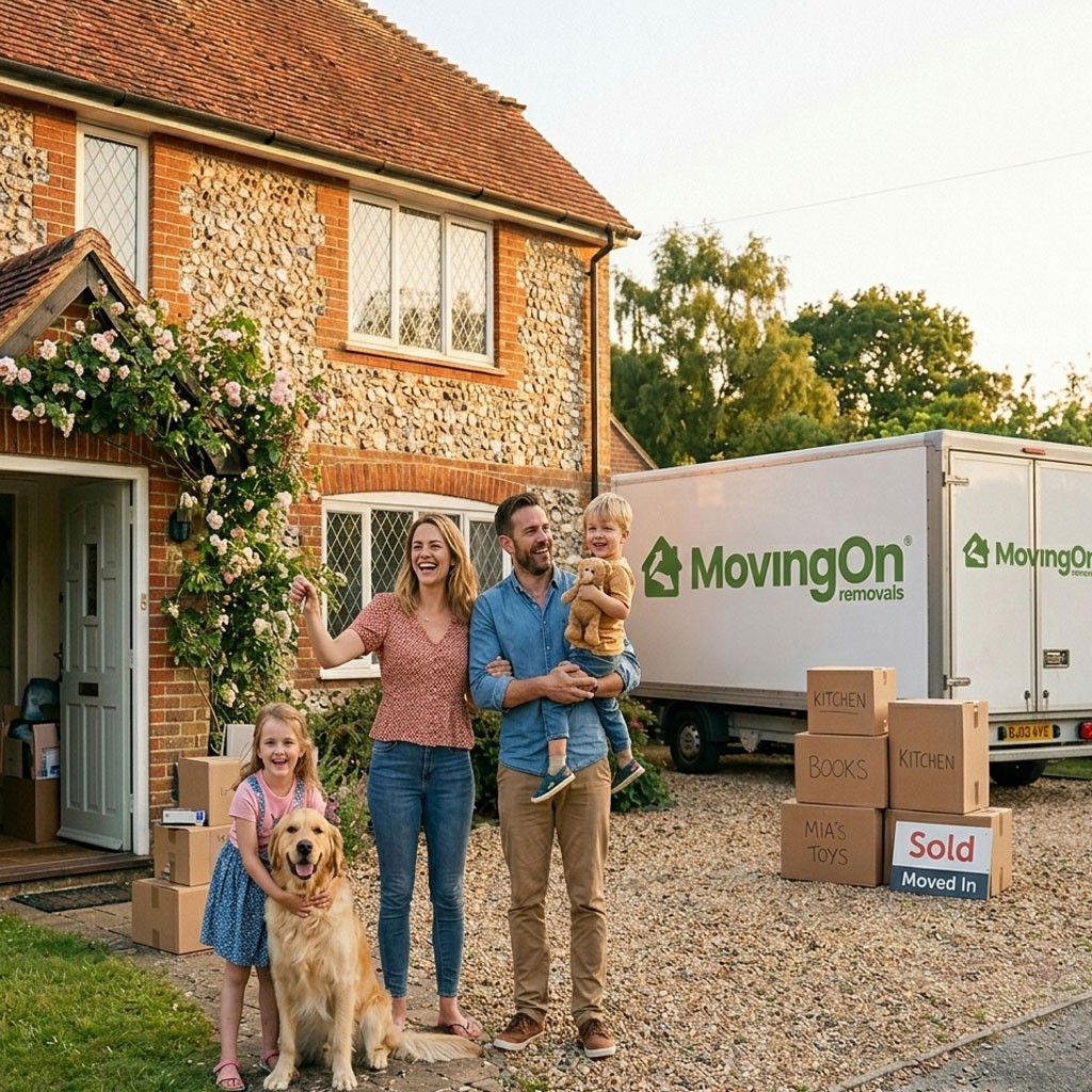 Happy family outside their new home in Plymouth with a Moving On Removals van and packed moving boxes.