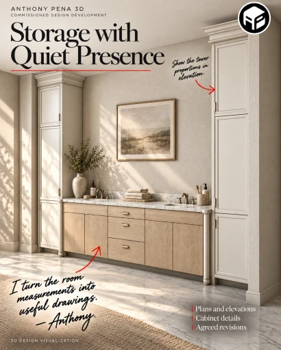 Concept cover with a wood double vanity between two tall painted storage towers.