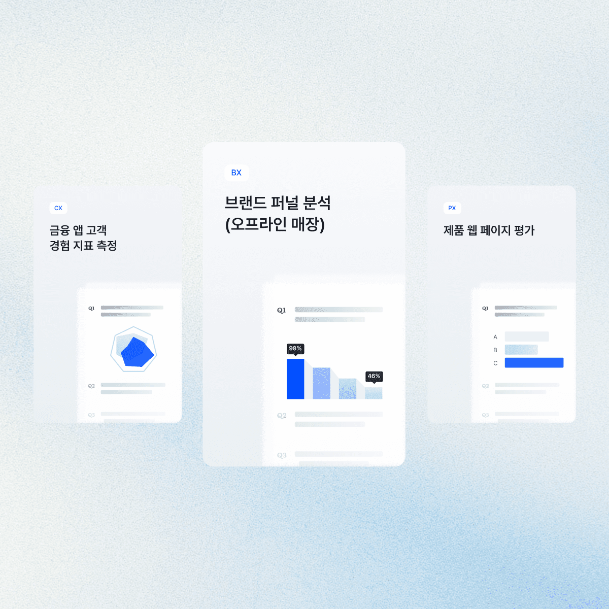 Three digital screens displaying data visualizations and analytics interfaces in a minimalistic design.