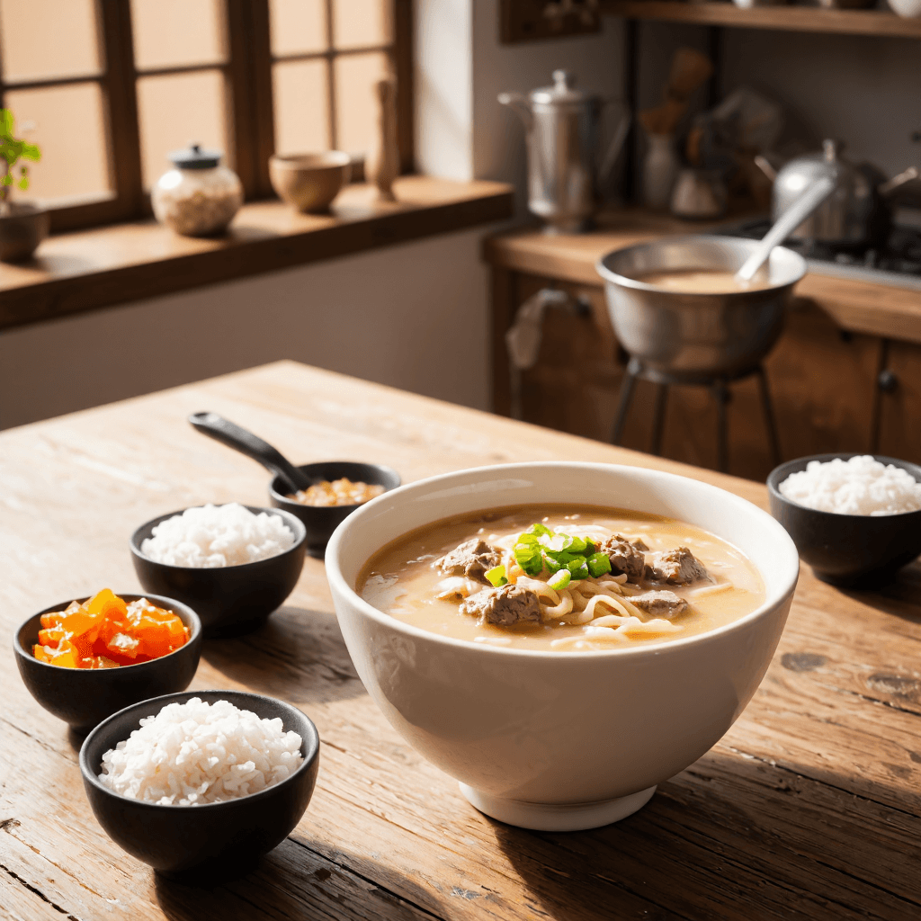 product photography of a bowl of noodle soup with beef, a side of pickled vegetables, and a bowl of rice
