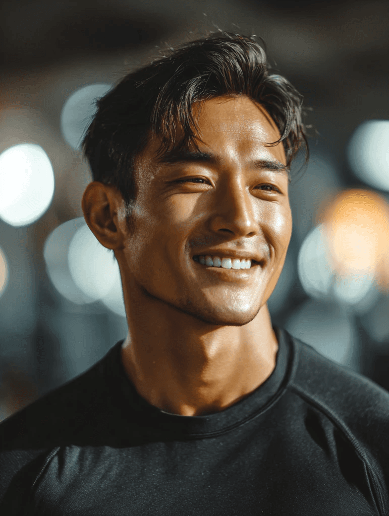 A man in a black shirt smiles warmly, with blurred circular lights in the background creating a bokeh effect. The mood is cheerful and relaxed.