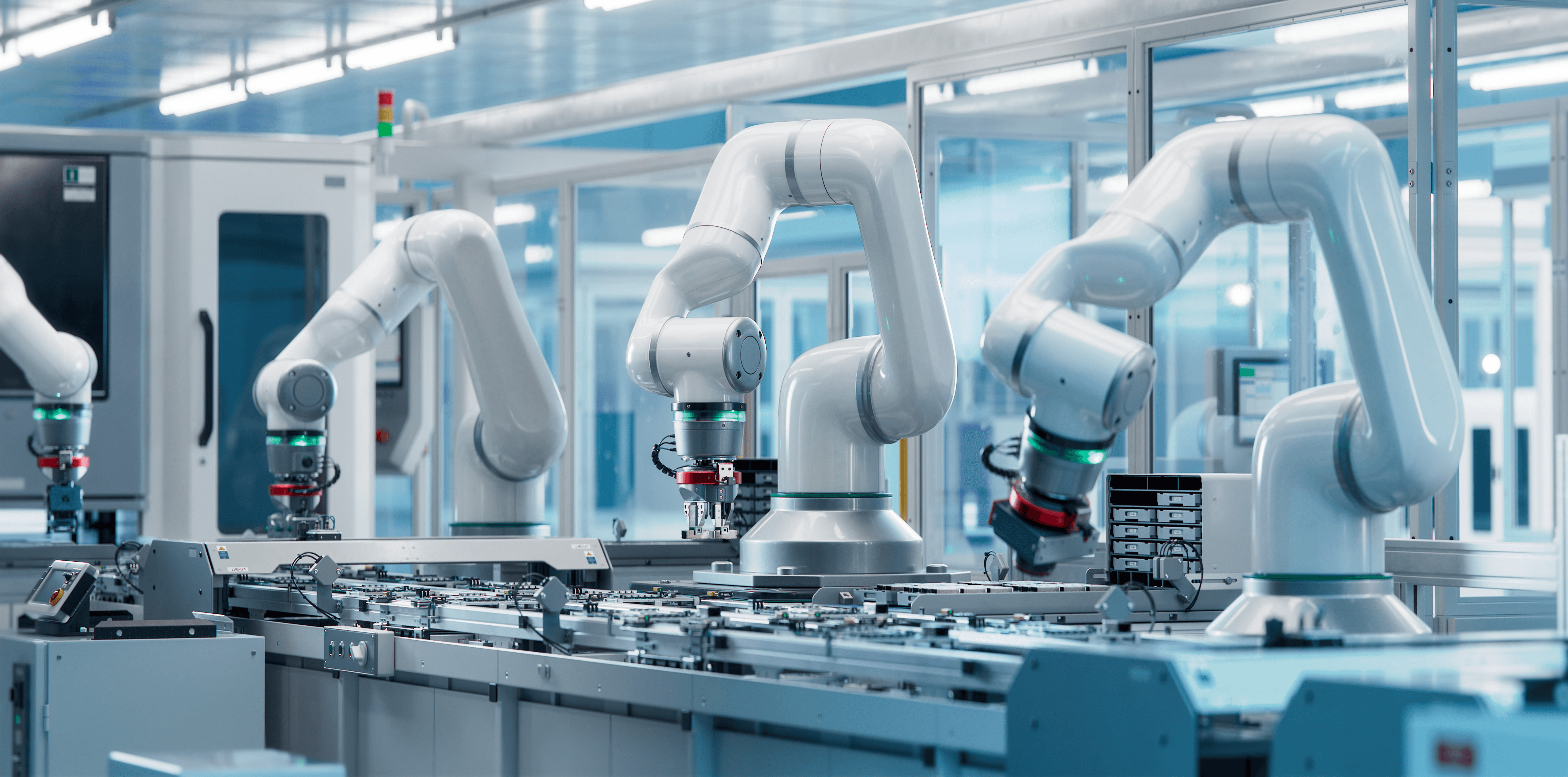 Automated production environment with industrial robots, representing quality management and operational excellence in modern organisations.
