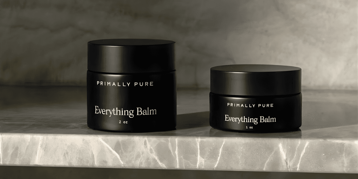 Primally Pure Everything Balm, showcasing 1oz and 2oz jars of natural tallow-based skincare designed for soothing and moisturizing irritated skin.