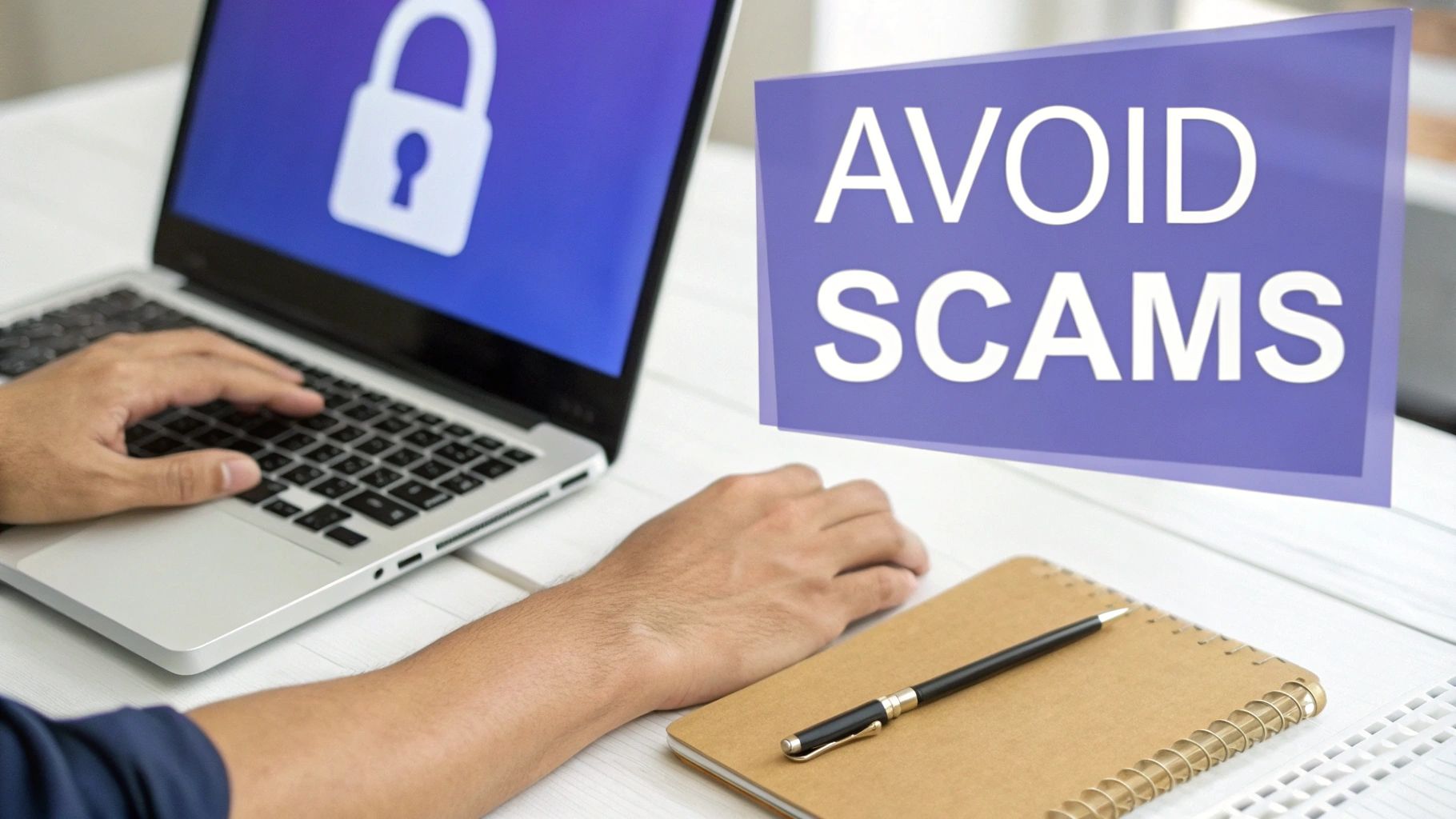 A person typing on a laptop with a lock icon on the screen, and a purple sign saying 'AVOID SCAMS'.