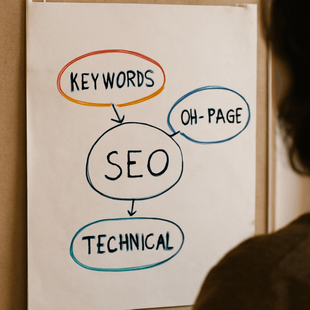 diagram explaining SEO components with keywords, on-page and technical aspects