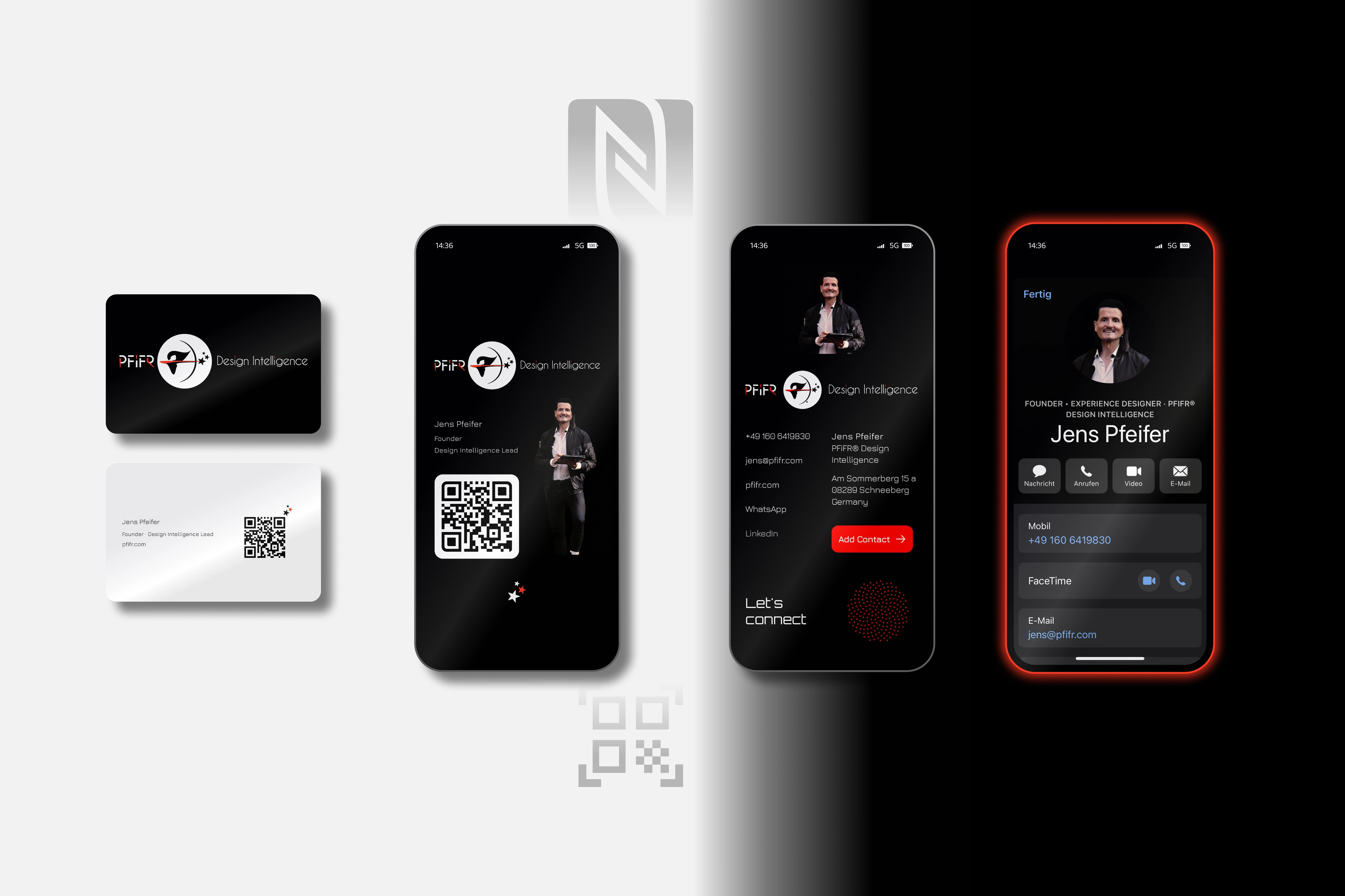 PFiFR® Connect digitales Visitenkartensystem mit schwarzer und weißer Business Card, Archer-Logo auf der Vorderseite, QR-Code auf der Rückseite, NFC-Funktion sowie mobilem Interface zur direkten Speicherung von Kontaktdaten auf dem Smartphone