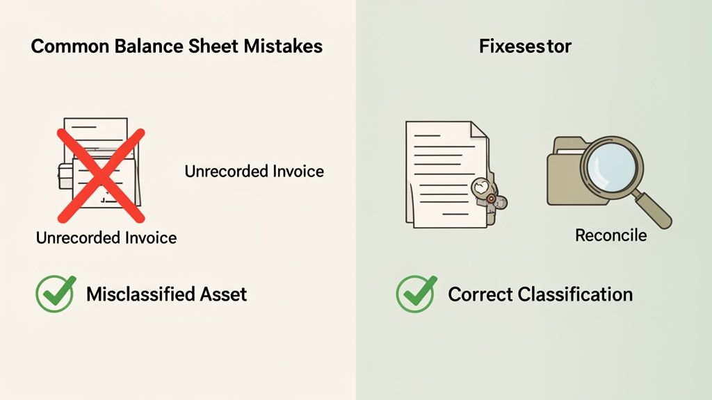 An infographic showing common balance sheet mistakes like unrecorded invoices and misclassified assets, and their fixes.