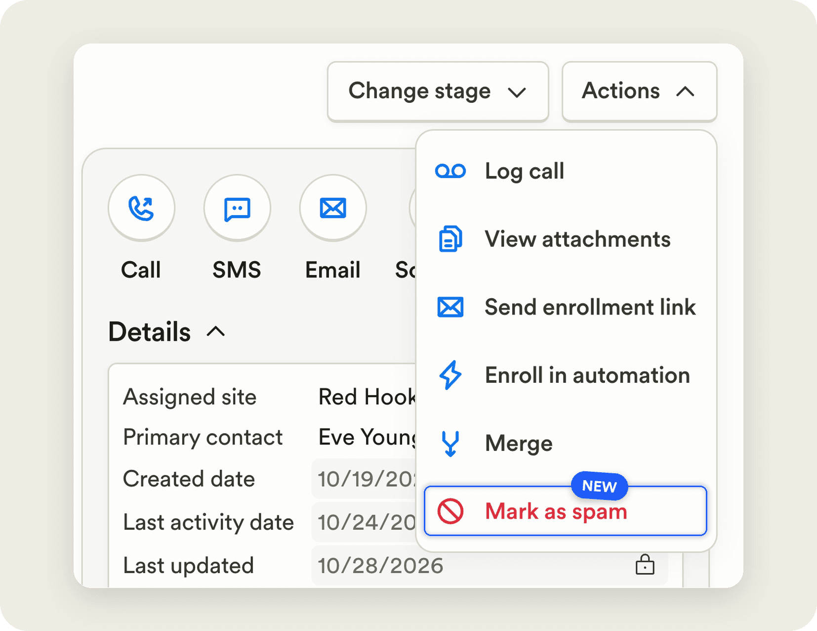 Actions menu on a CRM lead profile in Playground with the new Mark as spam option