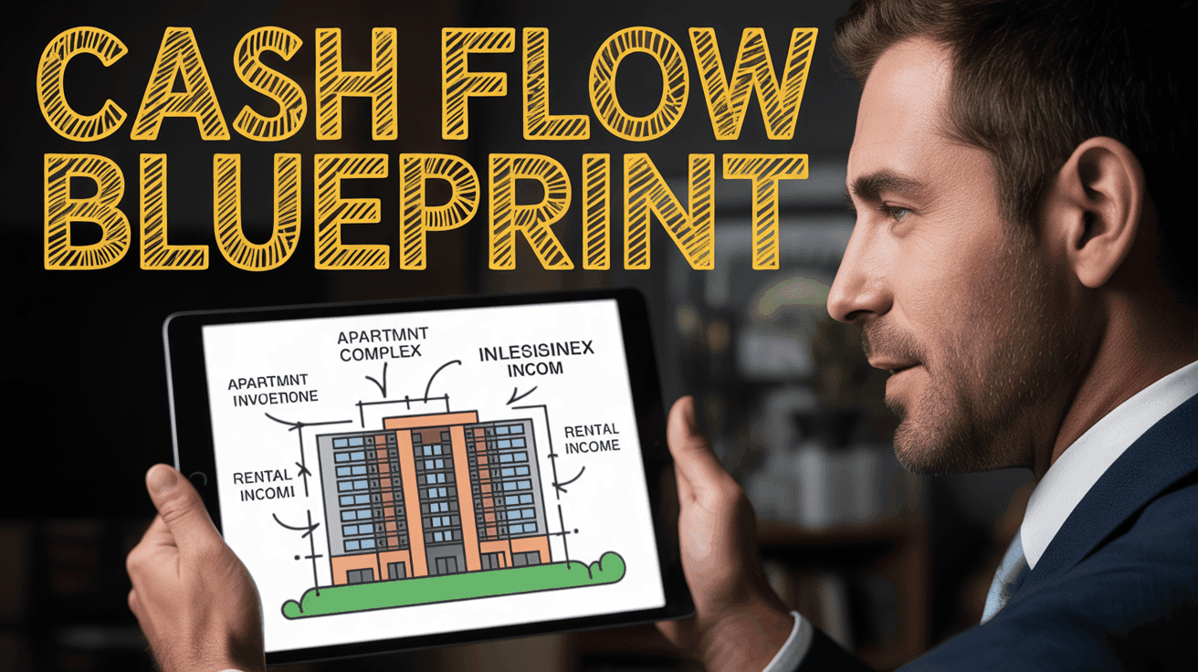Real Estate Cash Flow Blueprint Thumbnail Template featuring real estate investor with tablet showing apartment complex blueprint and rental income...