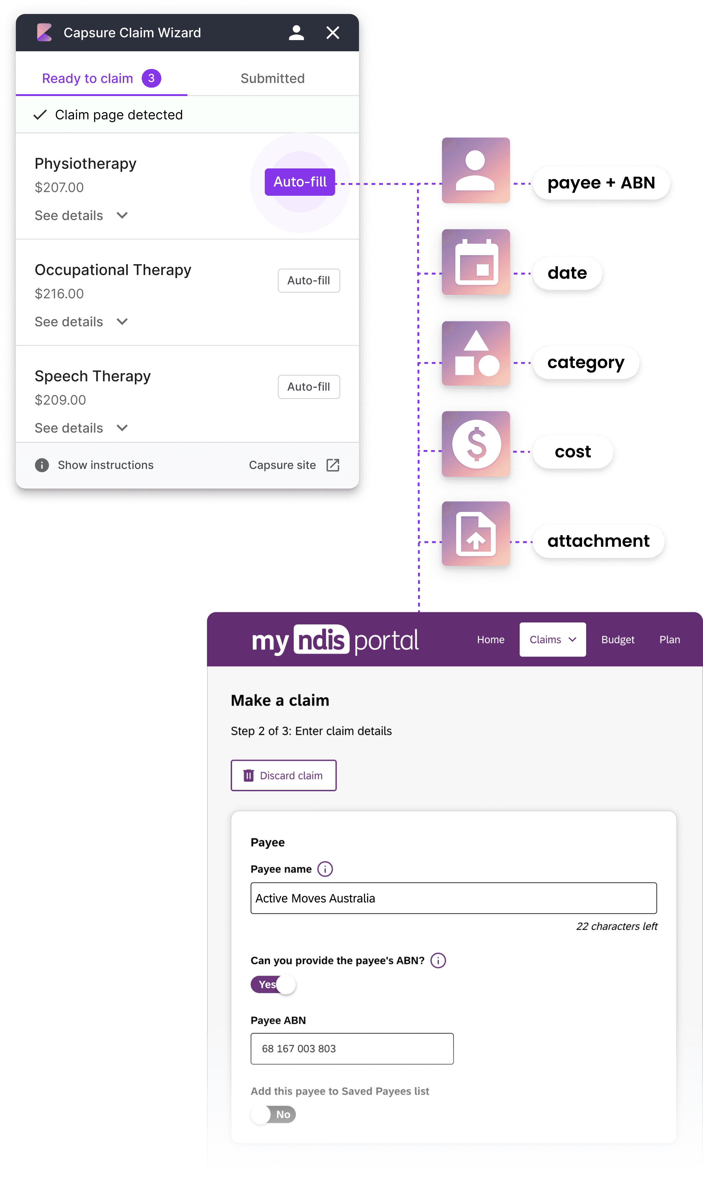 Claim Wizard Chrome extension auto-filling the myNDIS Participant Portal claim form.