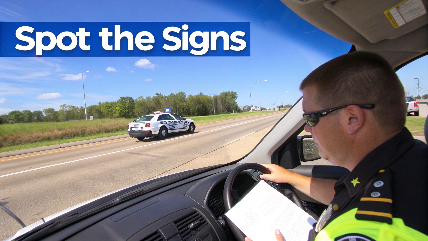 Police officer inside a patrol car holding documents, with another police vehicle on a highway ahead.
