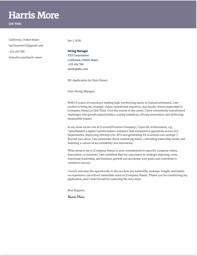 Sample cover letter template for senior-level employee