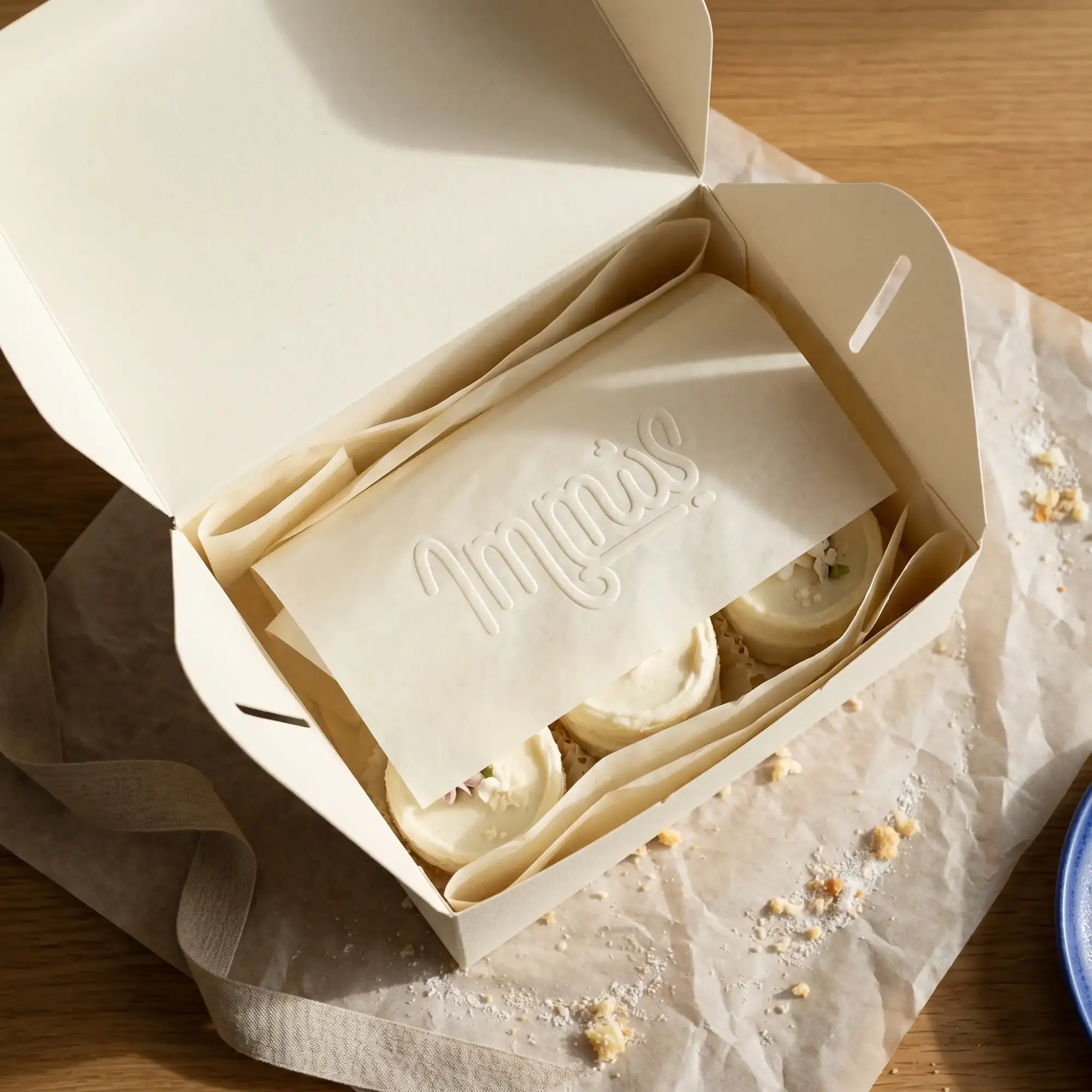 Open Immis box with the logo debossed on the lid, holding iced buns