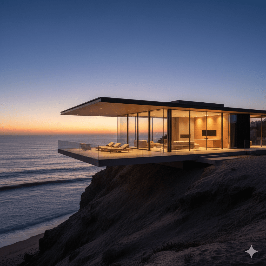Minimalist glass house cantilevered over a cliff edge at sunset.
