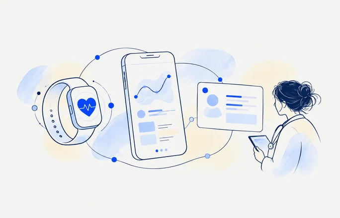 Remote patient monitoring in fine navy linework with cobalt accents and pale watercolor washes.